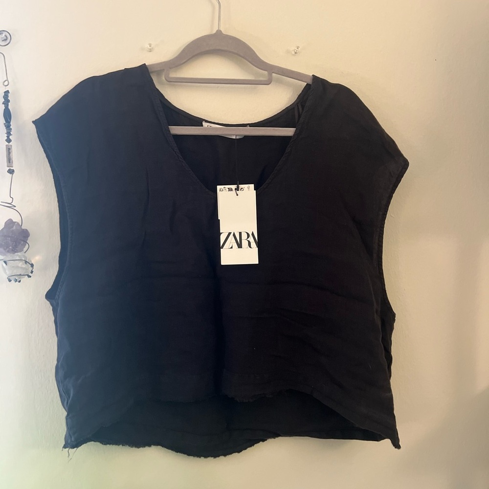 Zara Black Sleeveless Crop Top linen